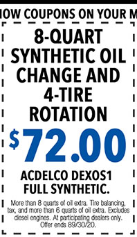 More than 8 quarts of oil extra. Tire balancing, tax, and more than 6 quarts of oil extra. Excludes diesel engines. At participating dealers only. Offer ends 9/30/20.