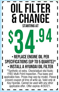 **Synthetic oil extra. Check/adjust vital fluids; FREE Multi-Point Inspection. Plus taxes and applicable fees. Prices may vary by model. Please present coupon at time of write-up. Valid only at Key Hyundai. Cannot be used with any other applicable offer. Offer expires 4/30/21.