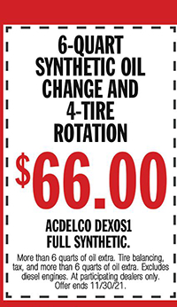 More than 6 quarts of oil extra. Tire balancing, tax, and more than 6 quarts of oil extra. Excludes diesel engines. At participating dealers only. Offer ends 11/30/21.